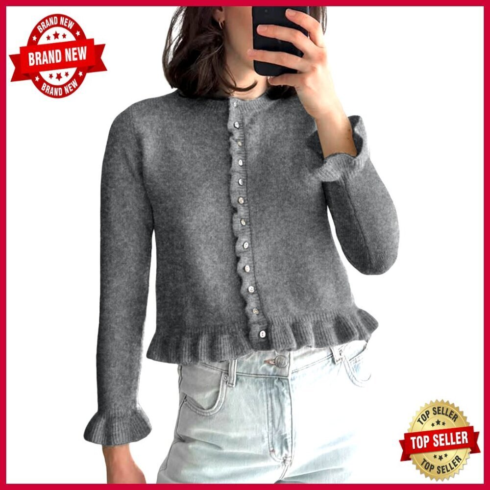 Cropped Cardigan Sweater Slim Fit Ruffle Hem Long Sleeve Crew Neck